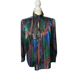 Vintage Tess 80's Colorful Long Sleeve Mock Neck Keyhole Neck Blouse Women's 8